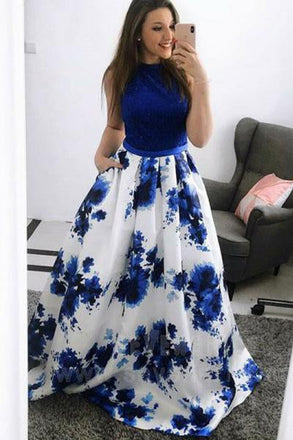 Fashion A-Line Jewel Blue Floral Long Prom Dress with Pockets INJ30