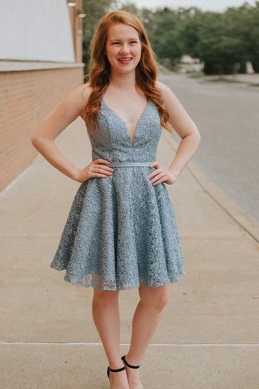A-Line Spaghetti Straps Backless Blue Lace Homecoming Dress INM13