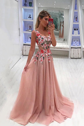 A Line Broad Straps Floral Appliqued Prom Dress, Cheap Long Tulle Evening Dresses INI33