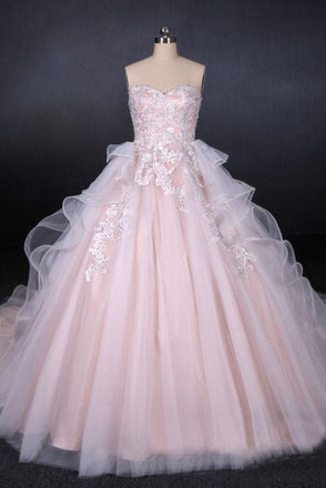 Romantic Pearl Pink Ball Gown Wedding Dress, Sweetheart Appliques Bridal Gown INQ24