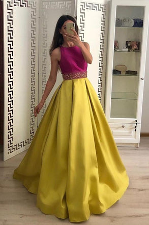 Stunning A Line Satin Yellow Beaded Sleeveless Long Prom Dresses INI51