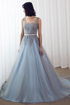 Sky Blue Formal Long Lace Appliqued Gray Tulle Prom Dresses Cheap Quinceanera Dresses INP2