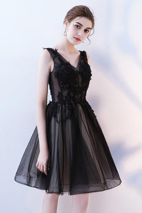 A Line V Neck Black Homecoming Dresses, Short Tulle Appliques Prom Dress INN63