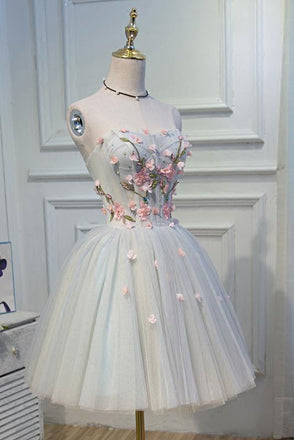 A Line Sweetheart Tulle Short Homecoming Dress With Flowers INN45