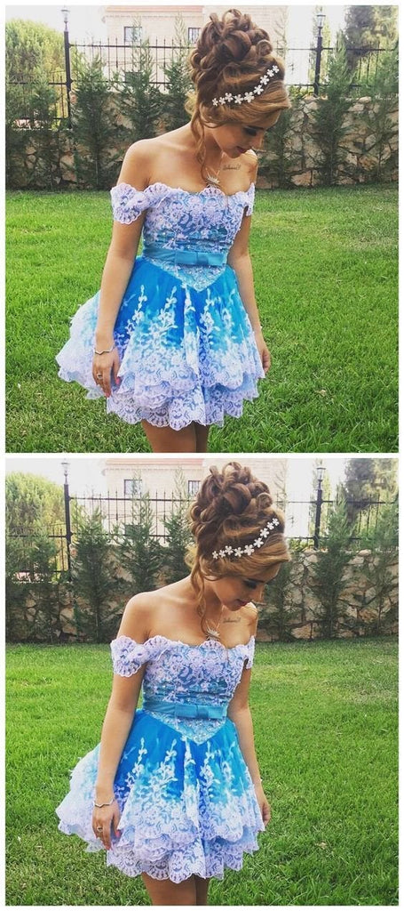 Off Shoulder Lace Appliques Short Prom Gown, Cute Homecoming Dress INC44