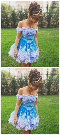 Off Shoulder Lace Appliques Short Prom Gown, Cute Homecoming Dress INC44