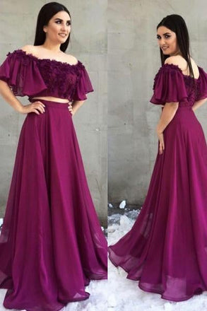 Two Piece A-Line Off the Shoulder Purple Chiffon Prom Dress with Appliques INH5