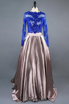 A Line Royal Blue Two Piece Long Sleeve Lace Top Prom Dresses IN614