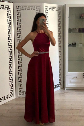 Fashion Burgundy A Line Halter Chiffon Simple Prom Dresses INI50
