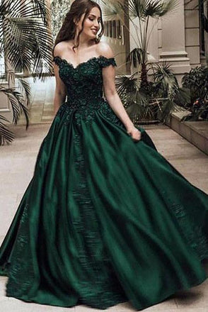 Off Shoulder Dark Green A-line Long Evening Prom Dresses, Cheap Sweet 16 Dresses ING41