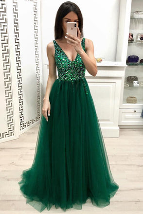 Fashion A Line V Neck Beading Prom Dresses, Long Tulle Green Prom Dress INK24
