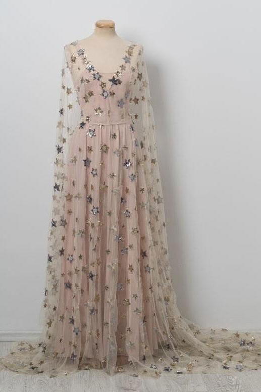 Chic V neck Floor Length Stars Pink Prom Dresses,Long Evening Dress INE19