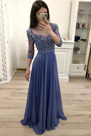 Chiffon A Line 3/4 Sleeves Beaded Blue Long Prom Dresses, Formal Party Dress INI18