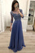 Chiffon A Line 3/4 Sleeves Beaded Blue Long Prom Dresses, Formal Party Dress INI18