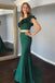 Cheap Two Pieces Mermaid One Shoulde Green Prom Dress With Ruffles INK69