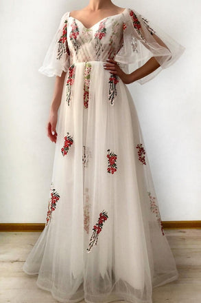 A Line Ivory Half Sleeves Floral Appliques Tulle Long Prom Dresses INI49