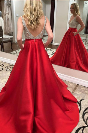 Red A Line Long Backless Beaded Prom Dress with Pockets INK67