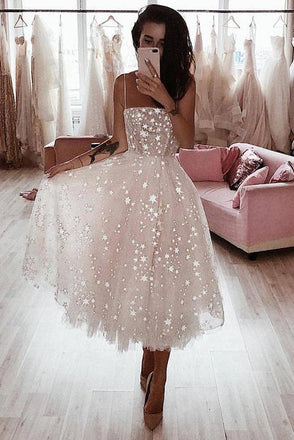 A Line Spaghetti Straps Tea Length Pearl Pink Prom Wedding Dress With Stars INK73