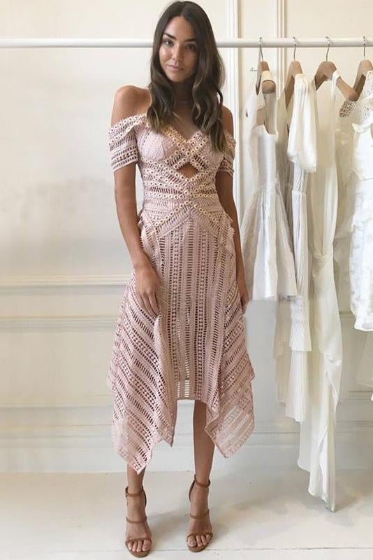 Beautiful A-Line Short Sleeves Asymmetry Pink Lace Prom Dress INB49