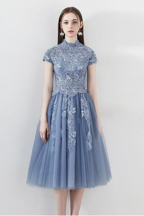 Blue A Line Tulle Cap Sleeves High Neck Homecoming Dresses With Lace Appliques INC6