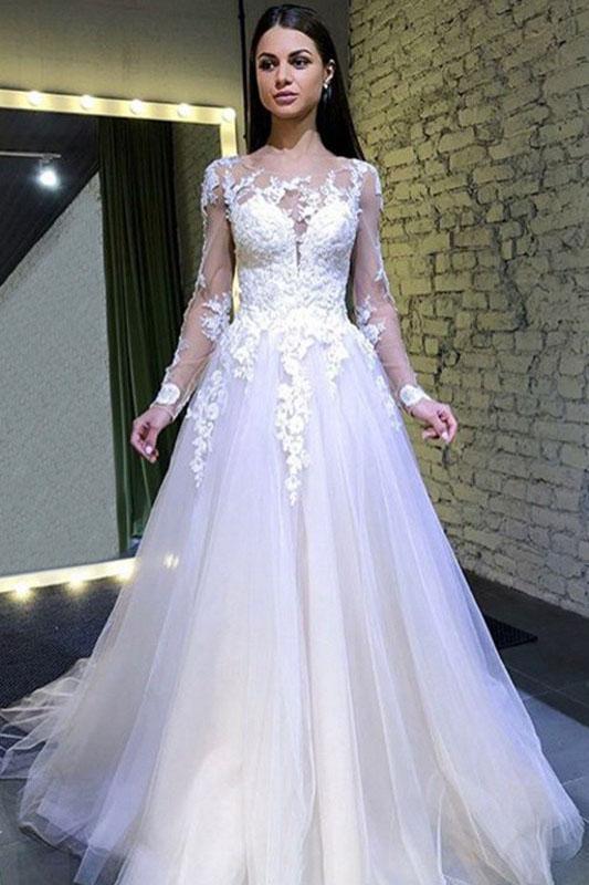 A Line Long Sleeves Round Neck Tulle Lace Appliques Wedding Dresses INP73