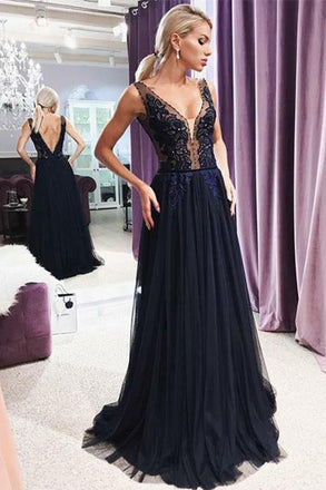 V-Neck Backless Evening Gown with Appliques Dark Navy Prom Dress INH31