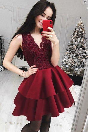 Cheap A-Line V-Neck Tiered Dark Red Homecoming Dress with Lace Top INB12