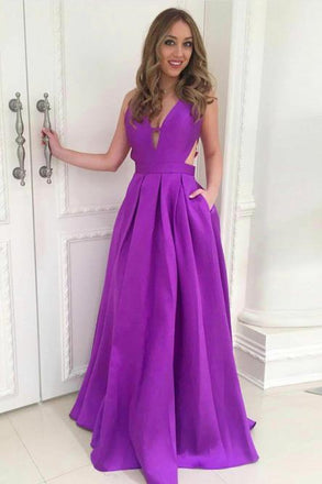 Simple A-Line Deep V-Neck Backless Long Purple Satin Prom Dress with Pockets INJ34