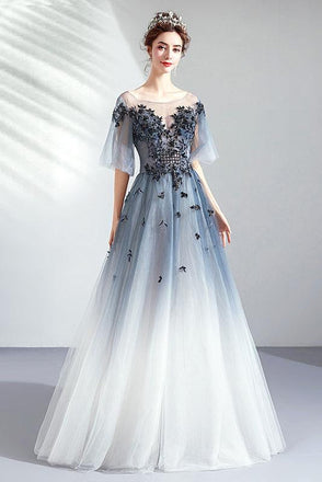 Ombre A Line Half Sleeves Tulle Round Neck Prom Dress Evening Dresses INQ75