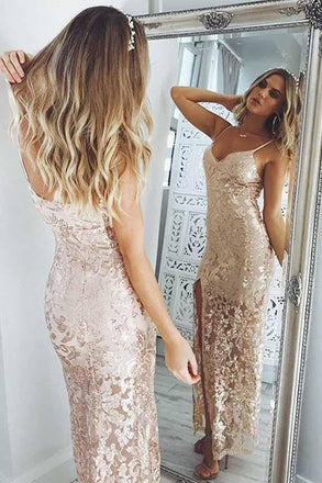 Mermaid Spaghetti Straps Pearl Pink Sequined Split Sexy Prom Dress INE86