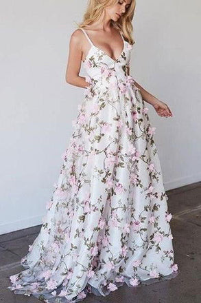 Princess A-line V-neck Straps Floral Lace Long Prom Dresses INA82