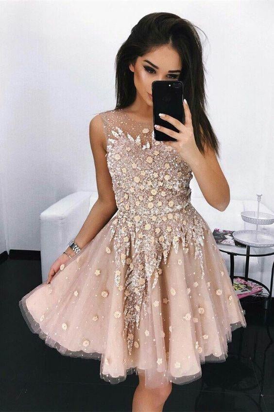 Modest A-Line Round Neck Short Tulle Homecoming Dress with Beading INB36