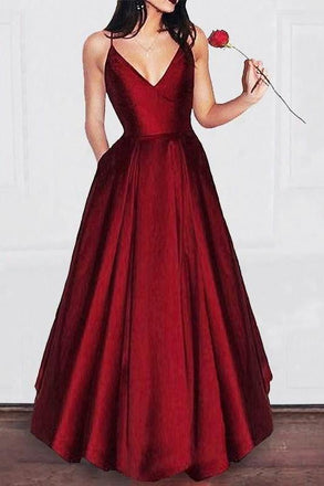 Charming A Line V Neck Satin Spaghetti Straps Long Prom Dress,Girls Graduation Dresses INB29