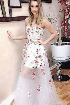 A-Line Sweetheart Long White Tulle Prom Dress with Floral Appliques INF73