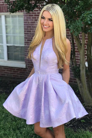 A-Line Above-Knee Lilac Satin Printed Homecoming Dress with Pockets INM15