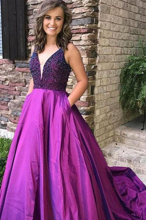 Purple A Line Beading V Neck Prom Gown With Pockets Cheap Formal Evening Dress INI65