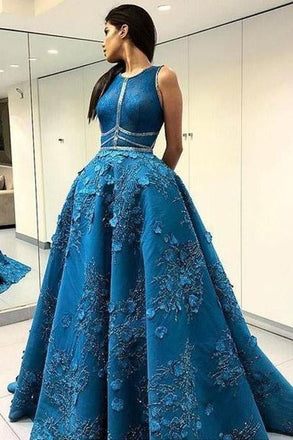 Unique Applique Formal A Line Blue Long Cheap Prom Dresses INF96