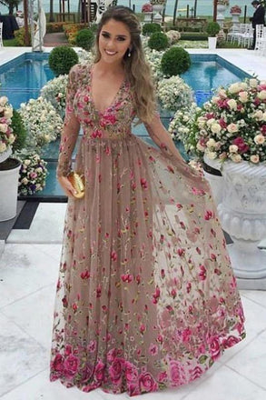 A-Line V-Neck Long Sleeves Tulle Prom Dresses with Floral Appliques INN10