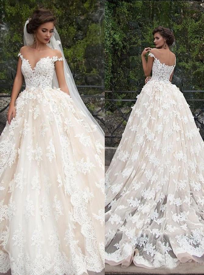 Romantic Jewel Cap Sleeves Ball Gown Wedding Dress with Lace Top INB09