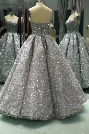 Sweetheart Gray Sleeveless Long Ball Gown Shiny Sequin Prom Dresses IN841