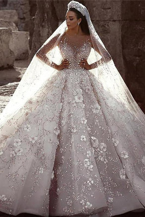 Luxurious Long Sleeves Flowers Ball  Gown Wedding Dress, Bridal Dresses INQ25