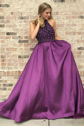 Halter Purple Long Satin Prom Dresses Beaded Junior Evening Gown 2019 INI6