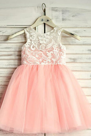 A-Line Round Neck Floor-Length Pink Flower Girl Dress with Lace INP19
