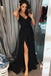 Simple A-Line Spaghetti Straps Floor Length Black Prom Dress with Split IND96
