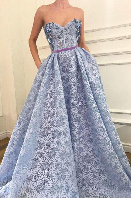 Stunning A-Line Sweetheart Light Blue Lace Prom Dresses with Pockets Beading INQ95