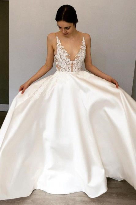 A-Line Deep V-Neck Floor-Length Satin Wedding Dresses with Lace Appliques INR42
