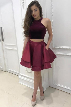 Cheap 2 Pieces Simple Short Burgundy Satin Homecoming Dresses For Teens IND19