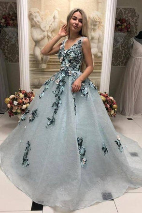 A Line V Neck Long Prom Gown With Appliques, Formal Evening Dress INL31