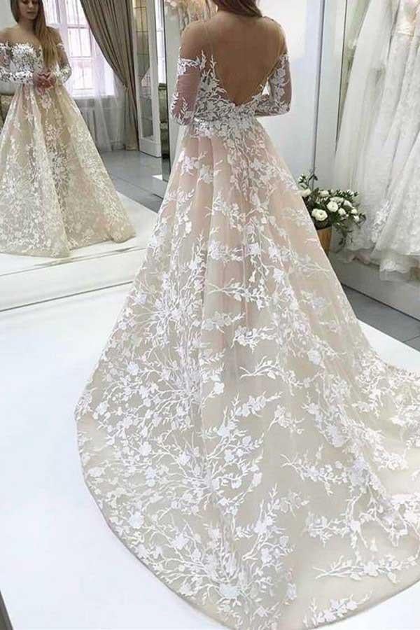 Elegant A-Line Illusion Beteau Long Sleeves Ivory Lace Wedding Dress INB60