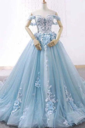 Light Blue Sweetheart Tulle Appliques Ball Gown Prom Dresses INE89